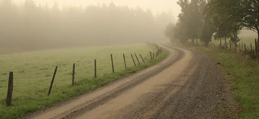 Dammig grusväg i skymning.